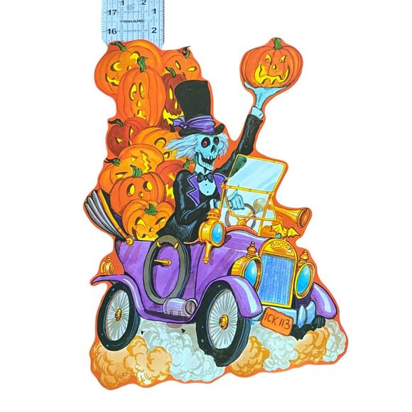 Vintage Halloween Skeleton Car Die-Cut BOO Horn Pumpkins 17" Double-Sided - Picture 3 of 4